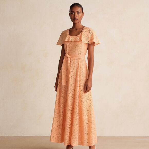 Vintage 1970s Peach Eyelet Flutter Sleeve Maxi Formal Dress M - Picture 1 of 7